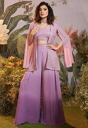 Embroidered Georgette Crop Top Set with Jacket in Light Purple
