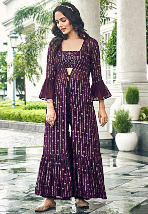 embroidered georgette crop top set with jacket in purple v1 tch283
