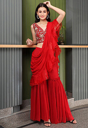Embroidered Georgette Crop Top Sharara Set in Red