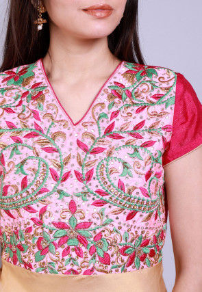 Embroidered Georgette Deep Back Kurta in Golden and Pink
