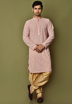Embroidered Georgette Dhoti Kurta in Light Pink