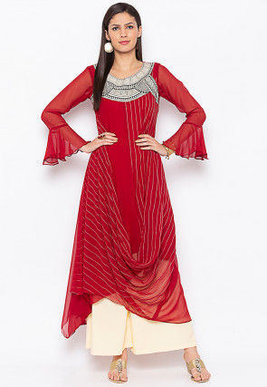 Embroidered Georgette Dress in Maroon