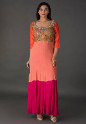 Embroidered Georgette Dress in Shaded Peach and Pink