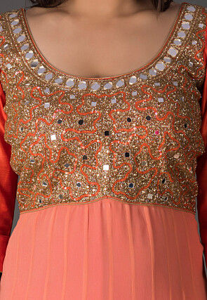 Embroidered Georgette Dress in Shaded Peach and Pink