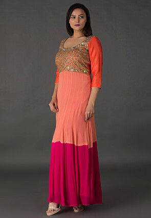 Embroidered Georgette Dress in Shaded Peach and Pink