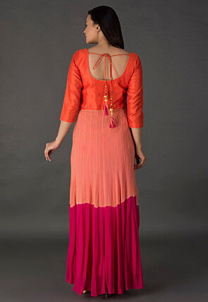 Embroidered Georgette Dress in Shaded Peach and Pink