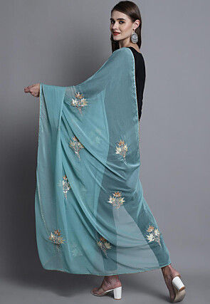 Embroidered Chiffon Dupatta in Light Teal Blue