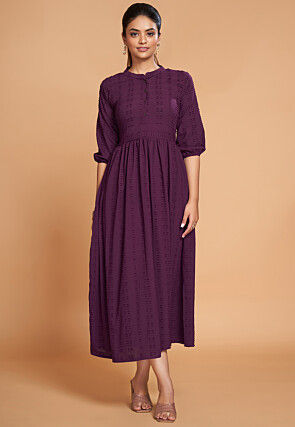 Embroidered Georgette Fit N Flare Dress in Purple