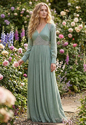 Embroidered Georgette Fit N Flare Dress in Sea Green