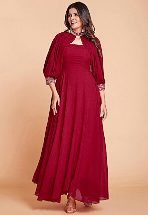 Embroidered Georgette Flared Gown in Maroon