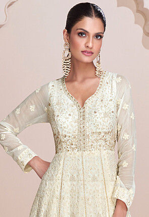 Embroidered Georgette Flared Gown in Off White