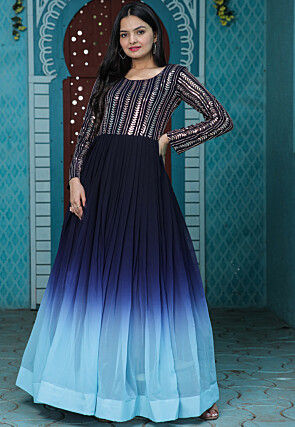 Embroidered Georgette Flared Gown in Shaded Blue