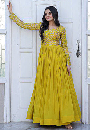 Embroidered Georgette Flared Gown in Yellow