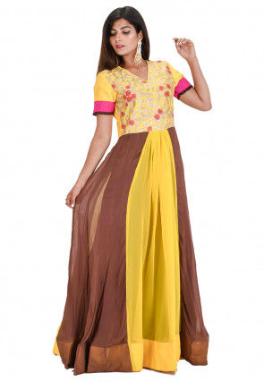 Embroidered Georgette Flared Kurta in Yellow and Brown
