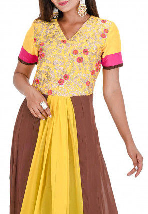 Embroidered Georgette Flared Kurta in Yellow and Brown