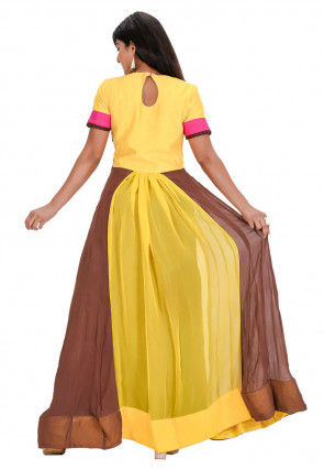 Embroidered Georgette Flared Kurta in Yellow and Brown