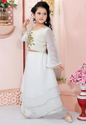 Embroidered Georgette Flounced Lehenga in Off White