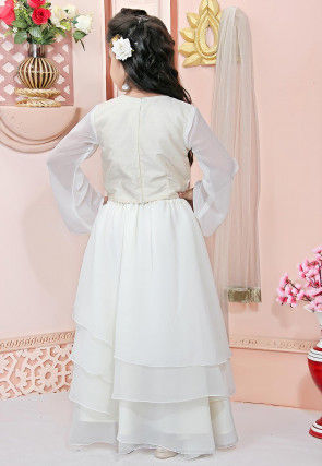 Embroidered Georgette Flounced Lehenga in Off White