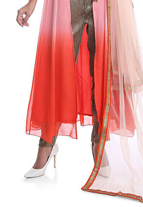 Embroidered Georgette Front Open A Line Suit in Peach Ombre