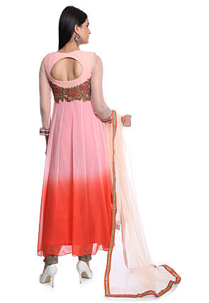 Embroidered Georgette Front Open A Line Suit in Peach Ombre