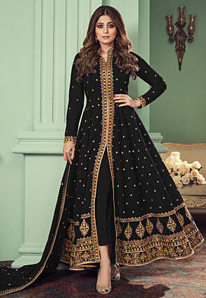 Embroidered Georgette Front Open Abaya Style Suit in Black