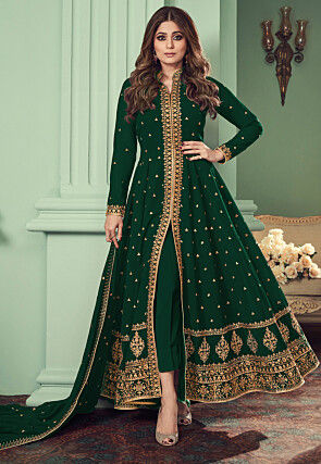 Embroidered Georgette Front Open Abaya Style Suit in Dark Green