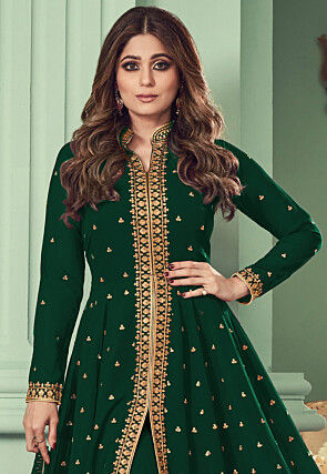 Embroidered Georgette Front Open Abaya Style Suit in Dark Green