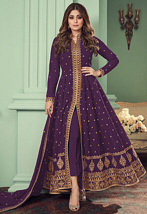 Embroidered Georgette Front Open Abaya Style Suit in Dark Purple