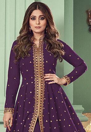 Embroidered Georgette Front Open Abaya Style Suit in Dark Purple