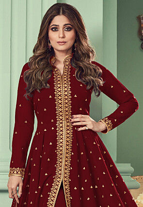 Embroidered Georgette Front Open Abaya Style Suit in Maroon