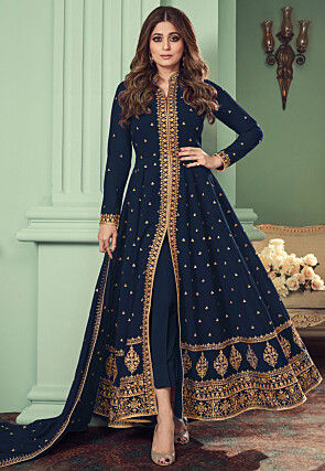 Embroidered Georgette Front Open Abaya Style Suit in Navy Blye