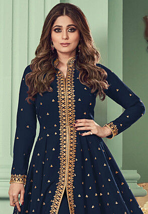 Embroidered Georgette Front Open Abaya Style Suit in Navy Blye