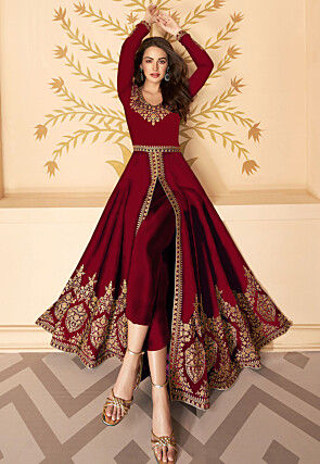 Embroidered Georgette Front Open Anarkali Suit in Maroon