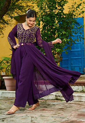 Embroidered Georgette Front Open Anarkali Suit in Purple