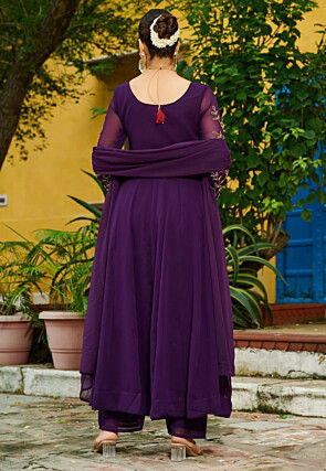 Embroidered Georgette Front Open Anarkali Suit in Purple