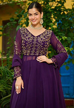 Embroidered Georgette Front Open Anarkali Suit in Purple