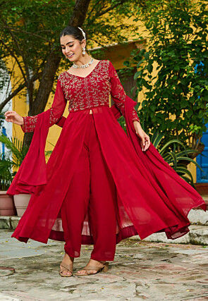 Embroidered Georgette Front Open Anarkali Suit in Red
