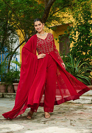 Embroidered Georgette Front Open Anarkali Suit in Red