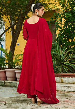 Embroidered Georgette Front Open Anarkali Suit in Red