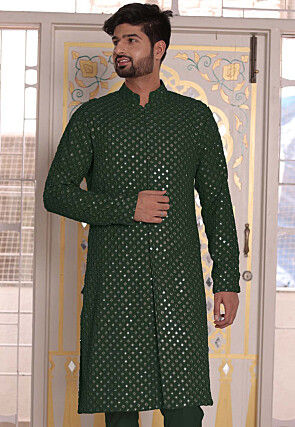 Embroidered Georgette Front Open Kurta in Dark Green