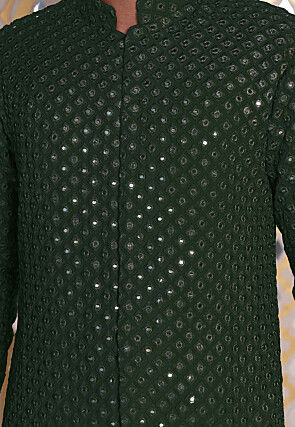 Embroidered Georgette Front Open Kurta in Dark Green