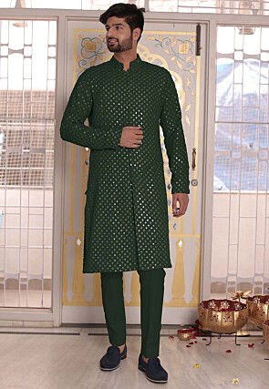 Embroidered Georgette Front Open Kurta in Dark Green