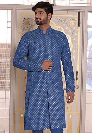 Embroidered Georgette Front Open Kurta in Light Blue