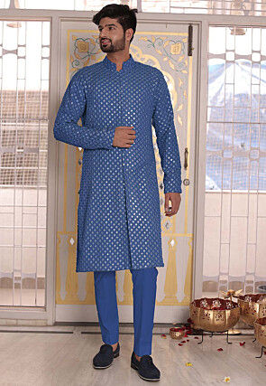 Embroidered Georgette Front Open Kurta in Light Blue
