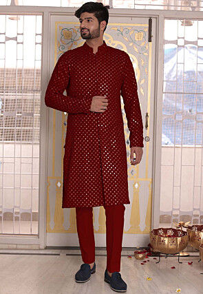 Embroidered Georgette Front Open Kurta in Maroon