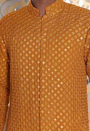 Embroidered Georgette Front Open Kurta in Mustard