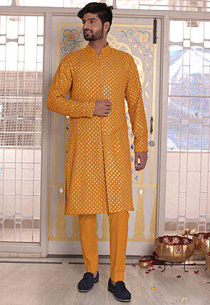 Embroidered Georgette Front Open Kurta in Mustard