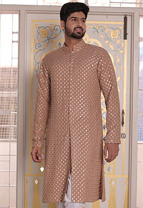 Embroidered Georgette Front Open Kurta in Rose Gold