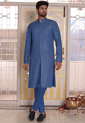 Embroidered Georgette Front Open Kurta Set in Light Blue