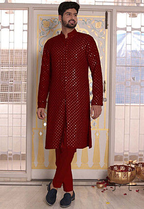 Embroidered Georgette Front Open Kurta Set in Maroon